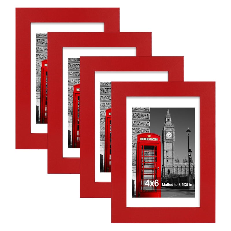 Hongkee إطار صورة Hongkee مقاس 4x6 (4 عبوات، أحمر)، مصنوع من الزجاج الحقيقي وإطار خشبي - صور عرض 3.5x5 مع حصيرة أو 4x6 بدون حصيرة، إطارات صور 4 × 6 عرض على سطح الطاولة وتركيب على الحائط - Image 1